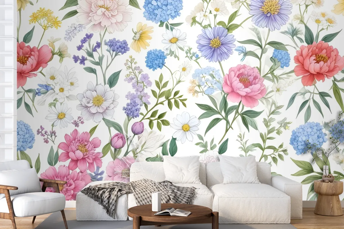 Colorful Spring Pink Wildflowers Wallpaper Mural