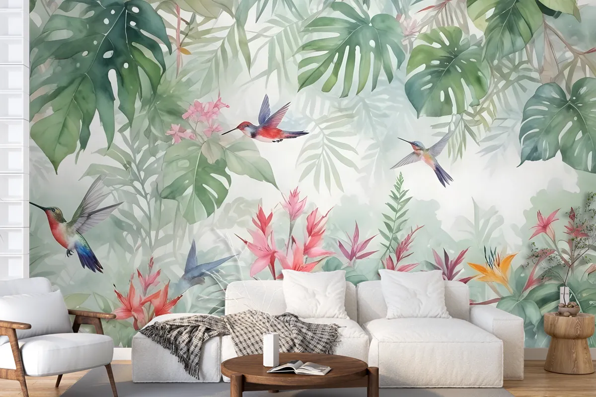 Colorful Tropical Exotic Cactus Floral With Little Birds Wallpaper Mural