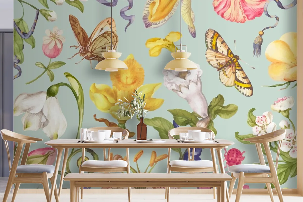 Colorful Vintage Floral Pattern On Green Background Wallpaper Mural