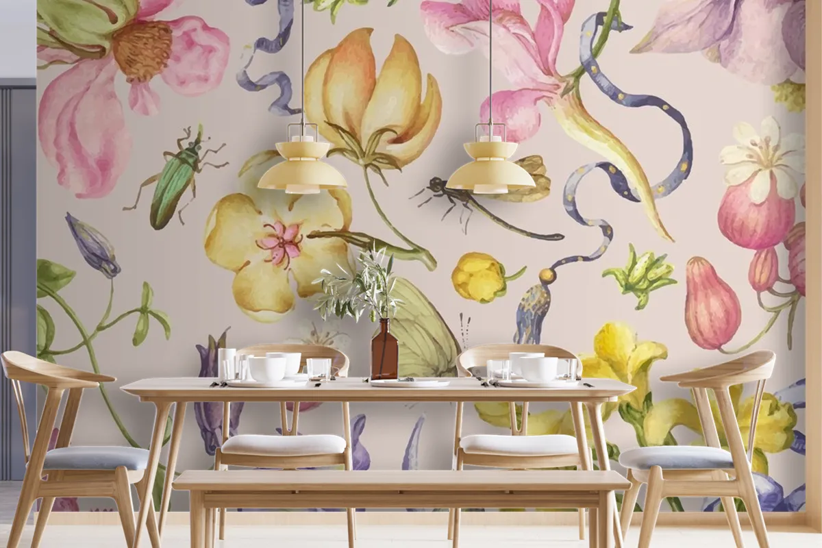 Colorful Vintage Floral Pattern Vector On Pink Wallpaper Mural