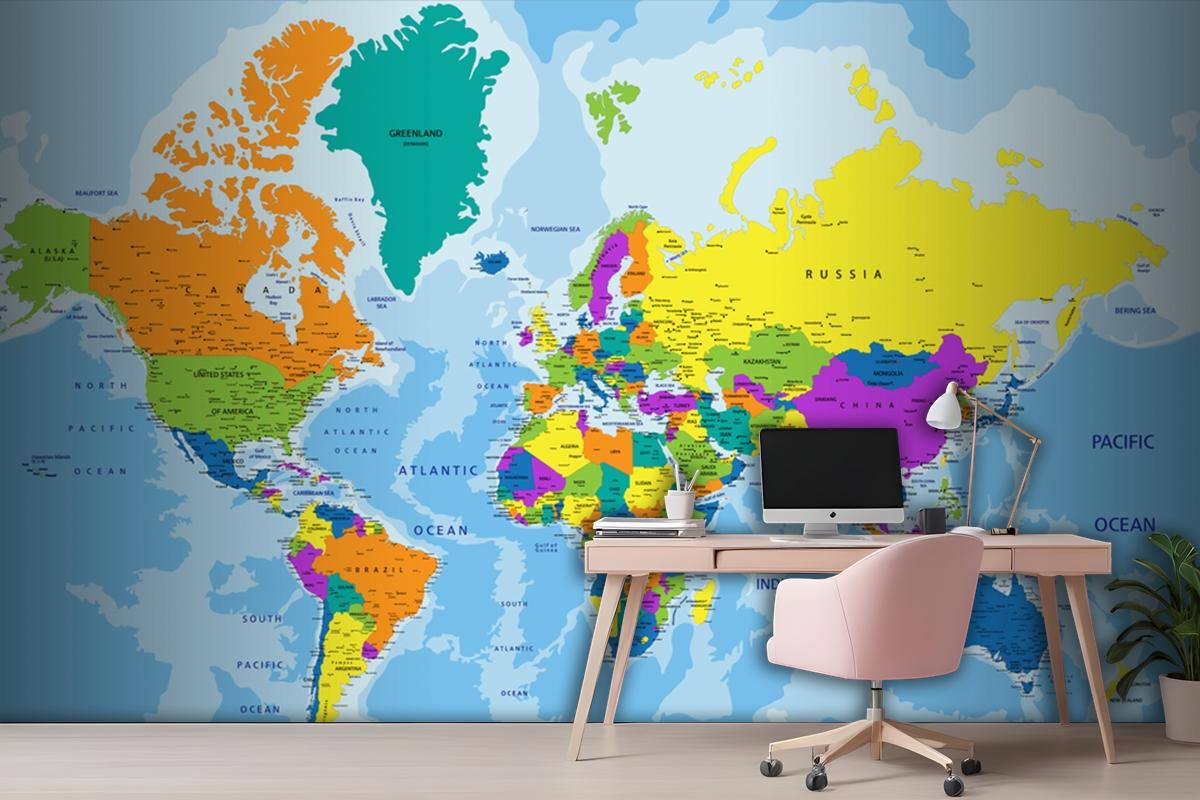 Colorful World Political Map With Clearly Labeled Wallpaper Mural