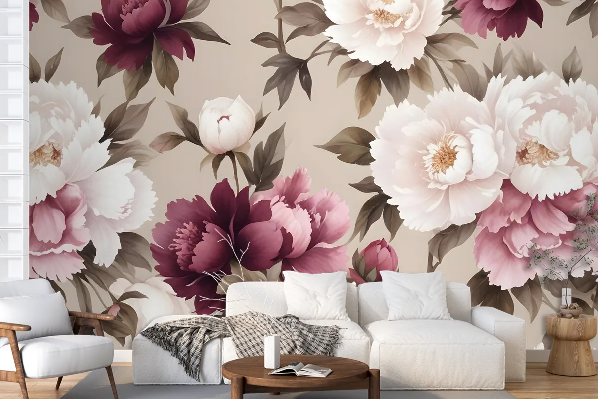 Cream Pink Peony Floral Pattern Wallpaper Mural