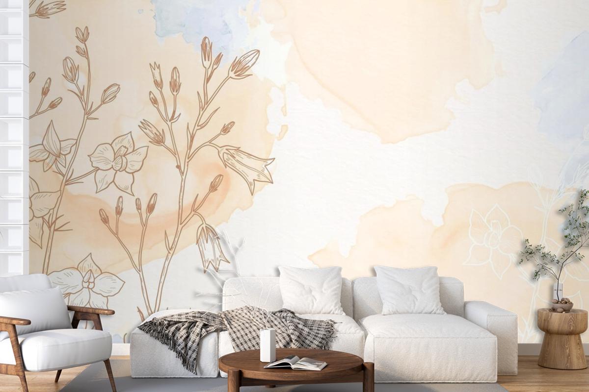 Cream Powder Pastel With Hand Drawn Flowers Background Wallpaper Mural