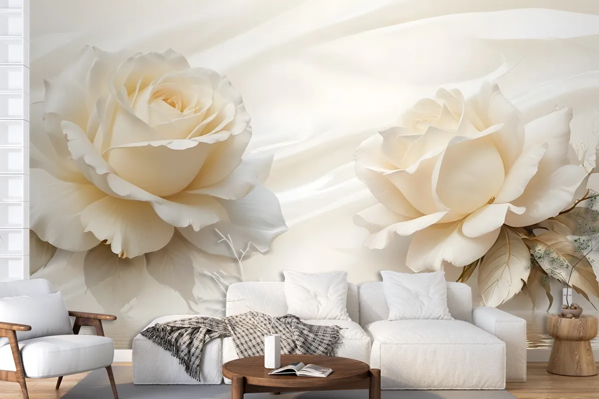 Cream Rose Floral With Water Pattern Wallpaper Mural