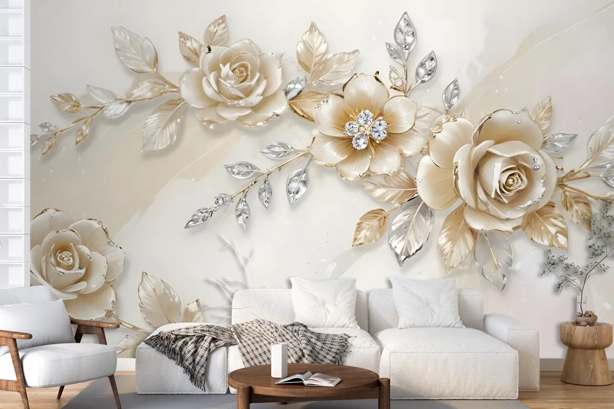 Cream Swarovski Rose Floral Wallpaper Mural