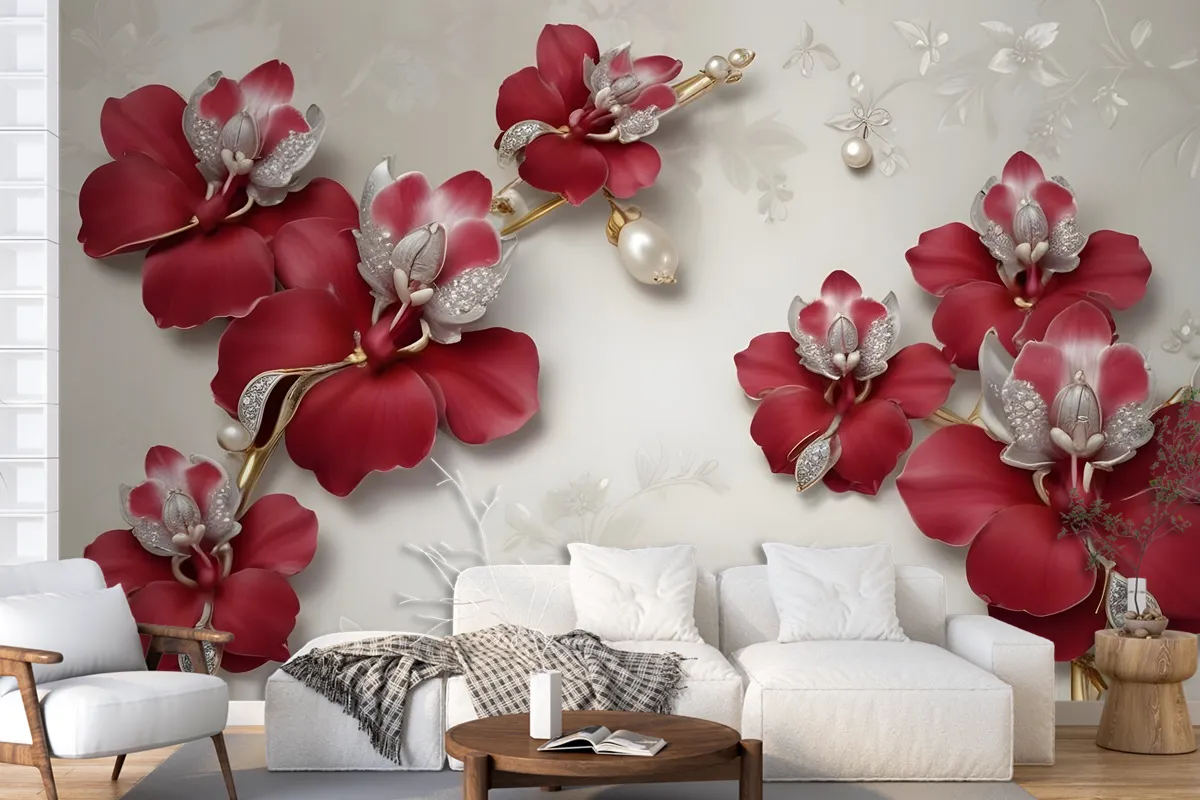 Crystal Red Floral Art Wallpaper Mural