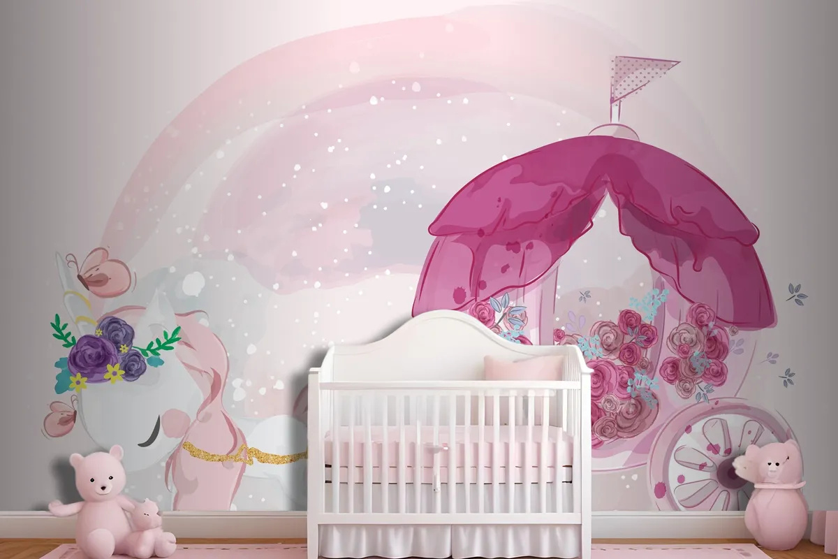 Cute Baby Unicorn Hand Drawn In Sweet Watercolor Style Wallpaper Mural