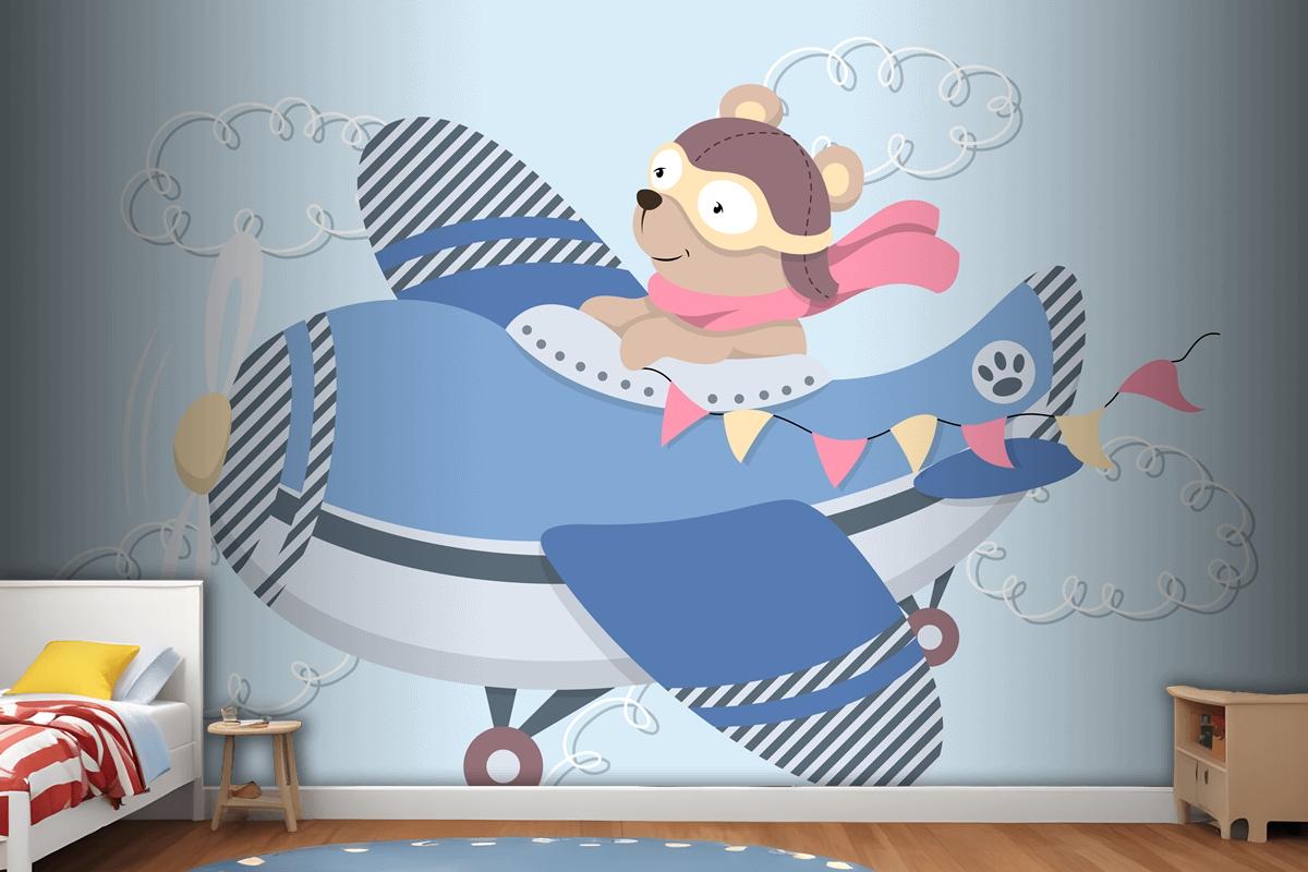 Cute Cartoon Teddy Bear In Aviator Glasses A Leather Helmet And Scarf Flying In Vintage Airplane Wallpaper Mural