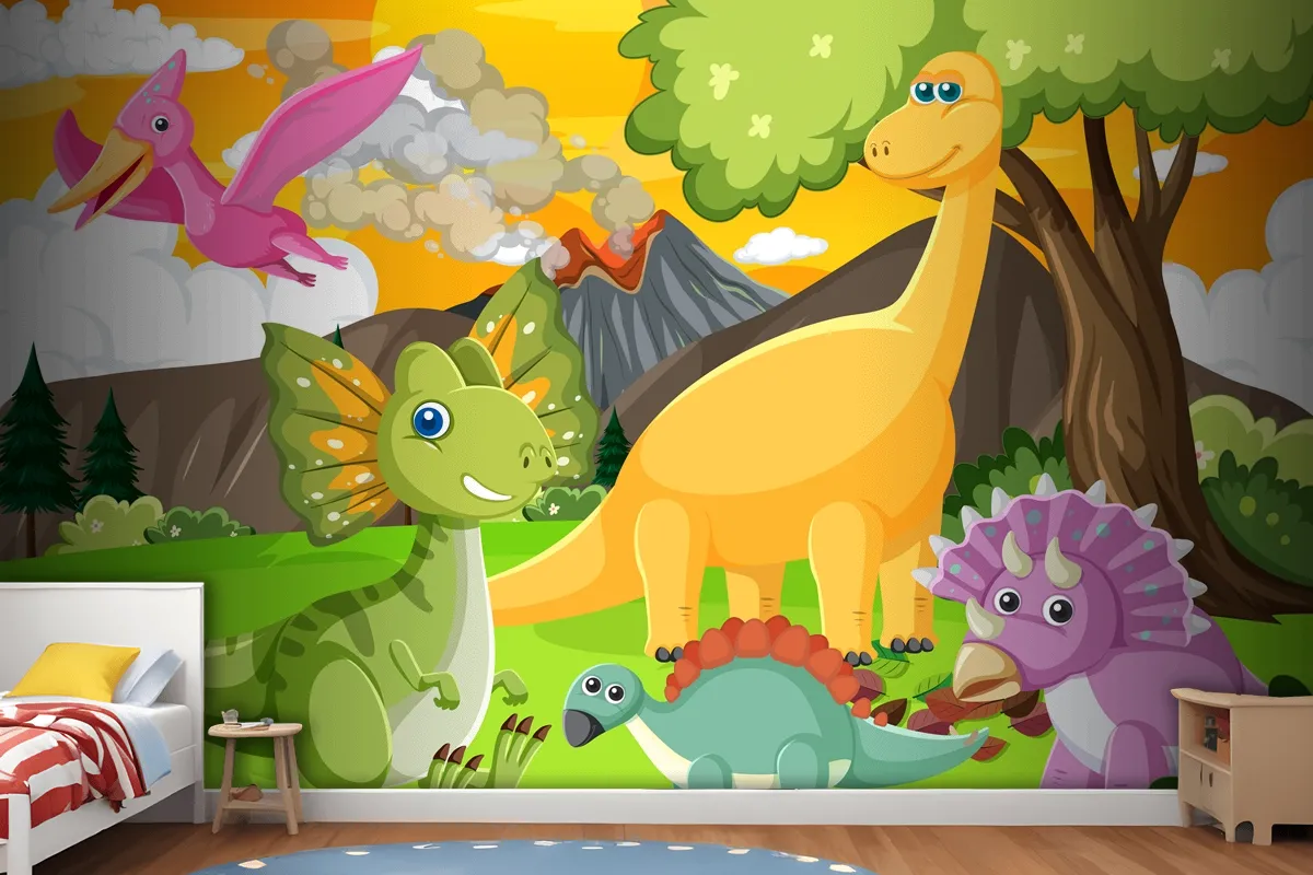 Cute Dinosaur Group In Forest Wallpaper Mural