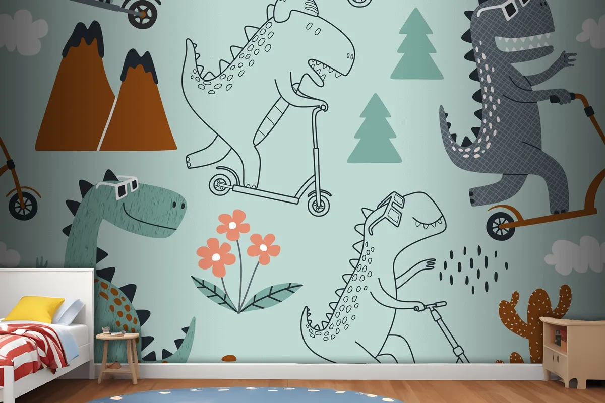 Cute Dinosaur Rides A Scooter Wallpaper Mural