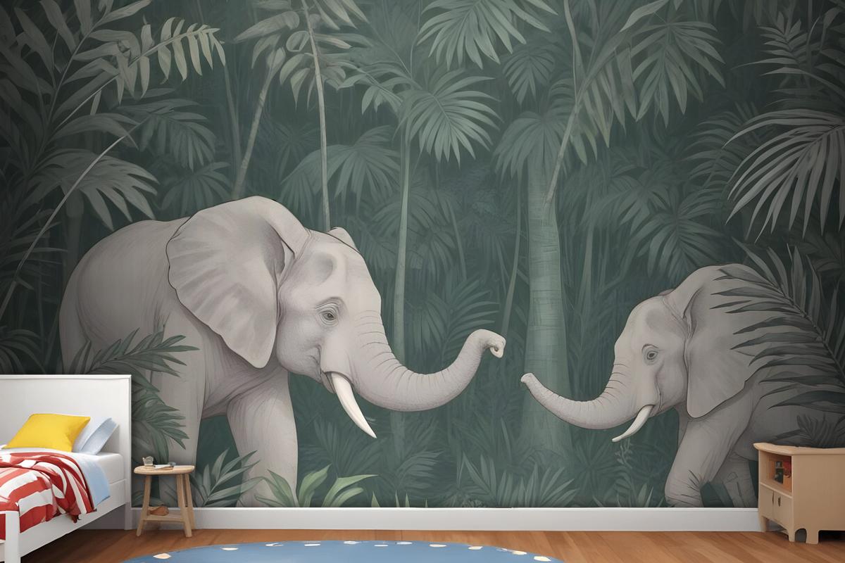 Cute Elephants On The Tropical Jungle Kids Wallpaper Mural