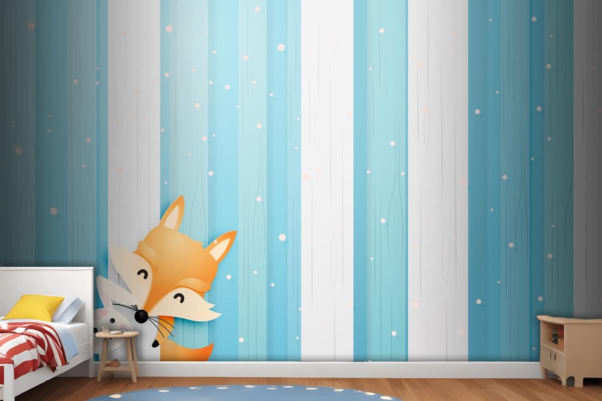 Cute Fox And Rabbit In The Wood With Paper Art Style Pastel Scheme Wallpaper Mural