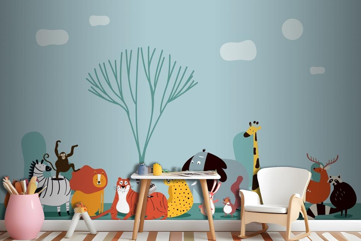 Cute Group Of Wild Animals Wallpaper Mural