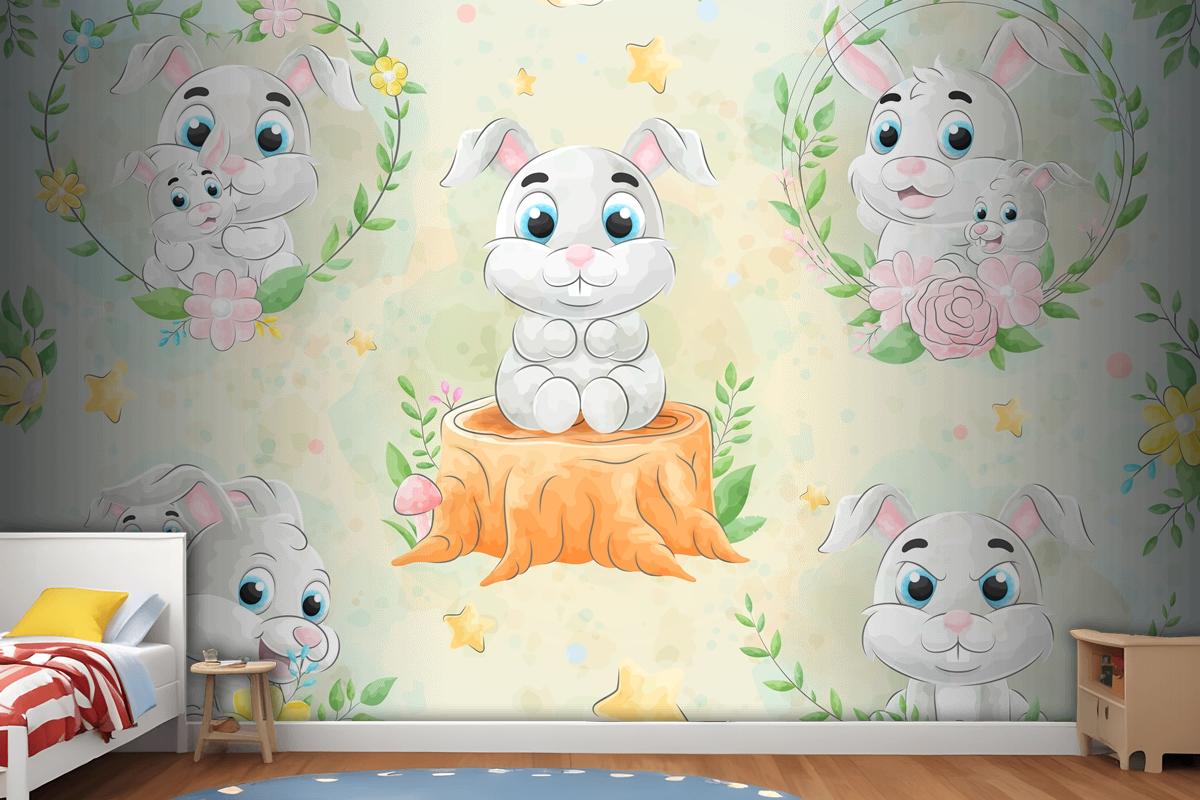 Cute Little Rabbit With Watercolor Wallpaper Mural