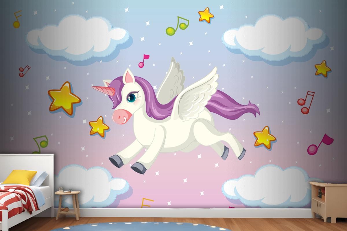 Cute Pegasus With Purple Mane Flying In The Pastel Sky Wallpaper Mural