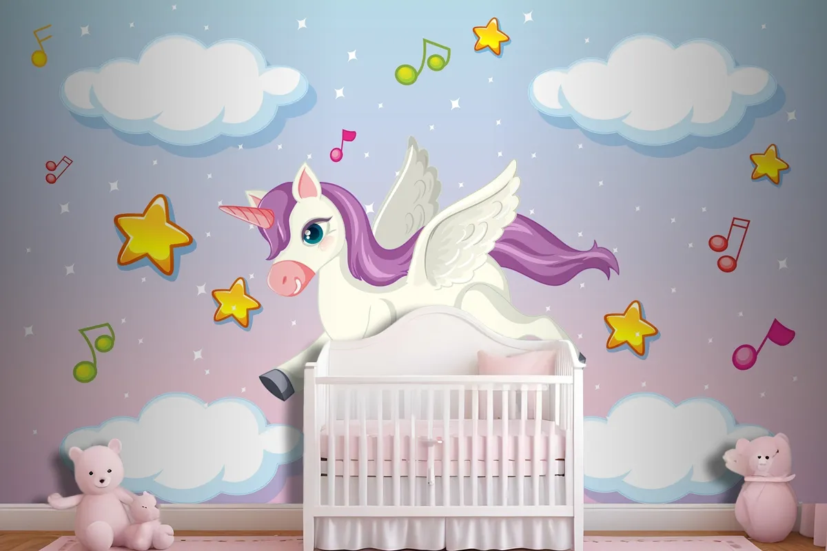 Cute Pegasus With Purple Mane Flying In The Pastel Sky Wallpaper Mural