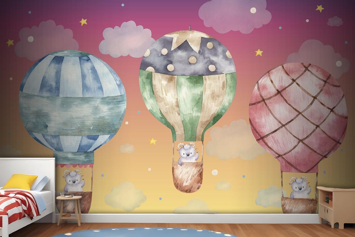 Cute Ram Flying On Colored Balloons Wallpaper Mural