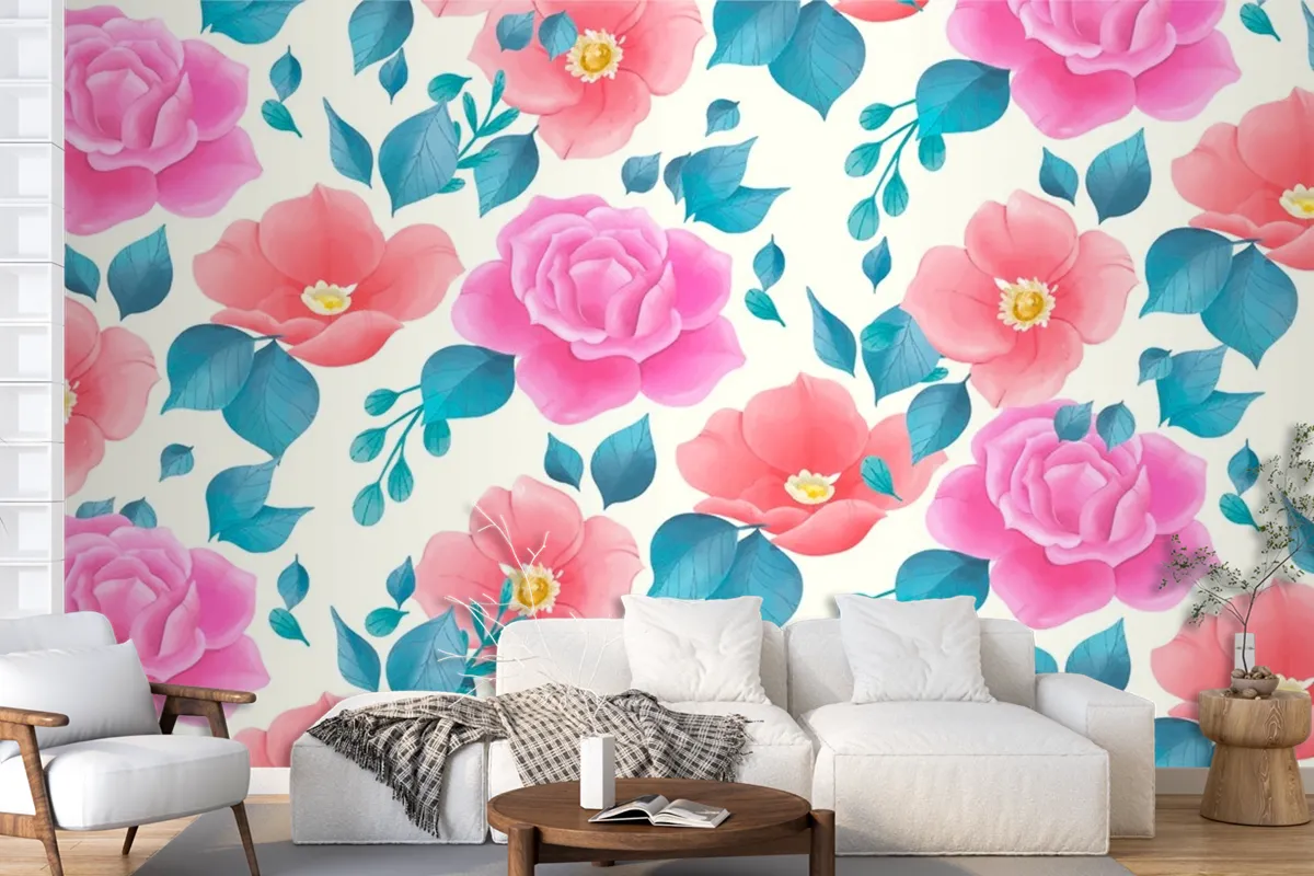 Cute Watercolor Floral Pattern With Rose Flowers Wallpaper Mural