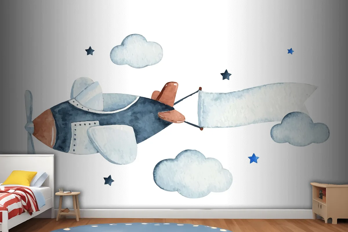 Cute Watercolor Sky Scene With Air Plane Clouds And Stars Wallpaper Mural