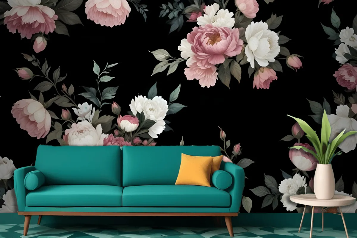 Dark Background Large Pink White Roses Peonies Other Flowers Wallpaper Mural