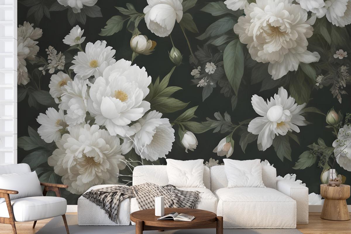 Dark Floral And White Peony Blossoms Wallpaper Mural