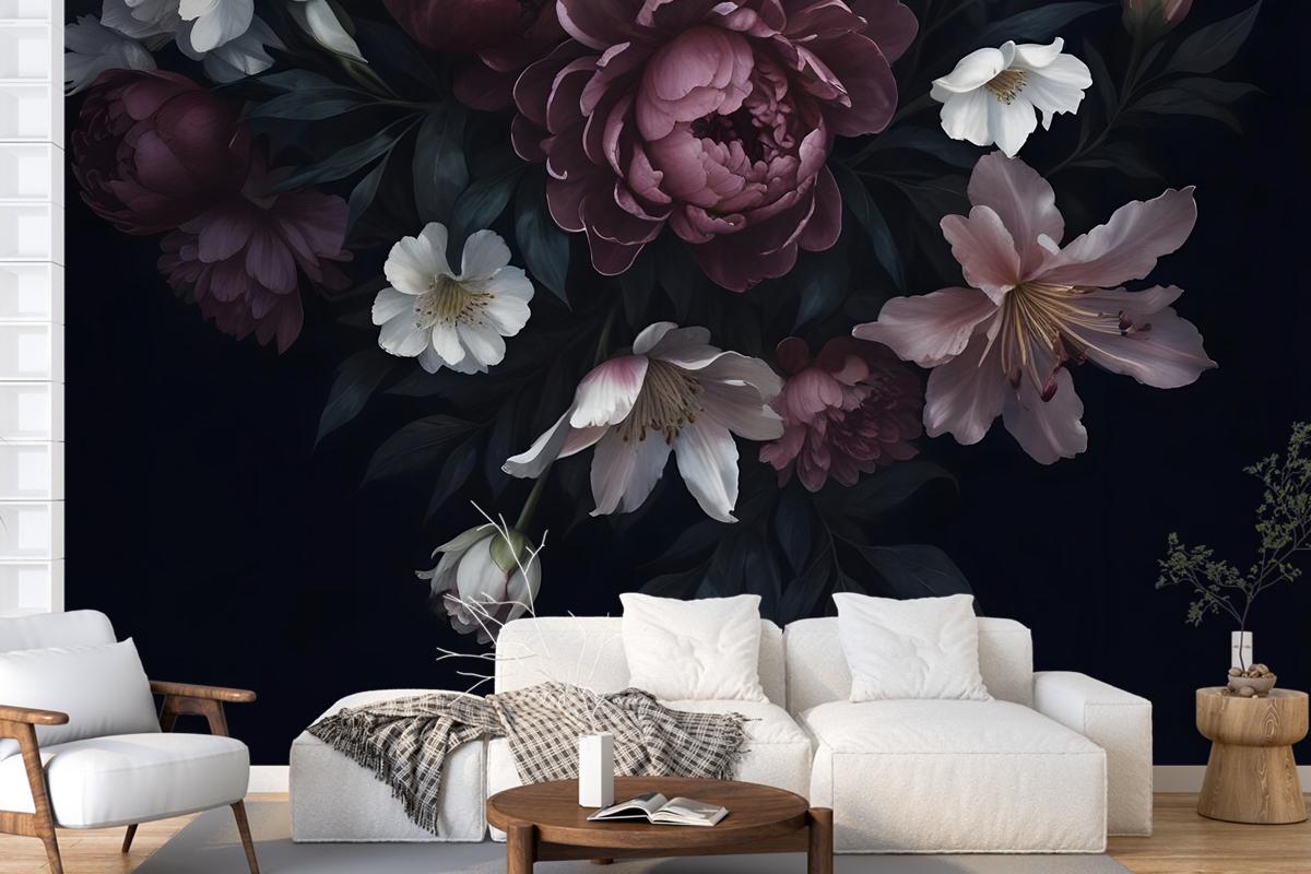 Dark Floral Claret Peony Floral Wallpaper Mural