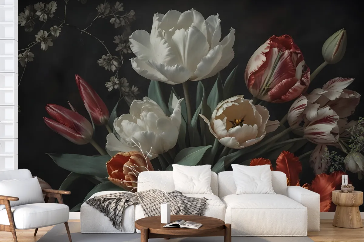 Dark Floral Dutch Bouquet With Tulips Wallpaper Mural