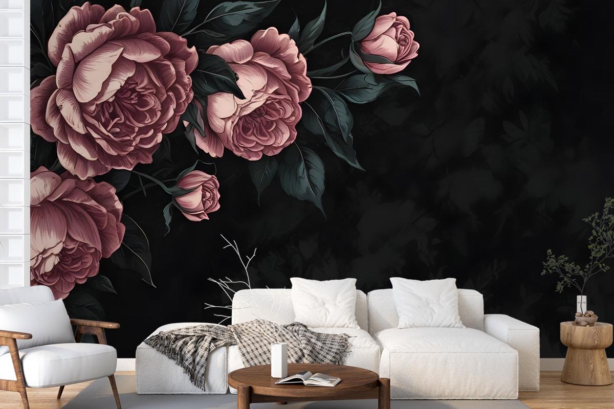 Dark Floral Peony Flower Drawing Wallpaper Mural