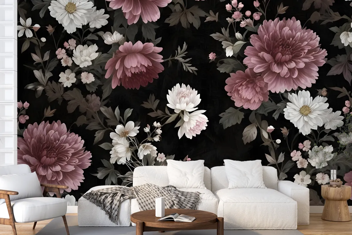 Dark Floral With Pink Chrysanthemum Wallpaper Mural