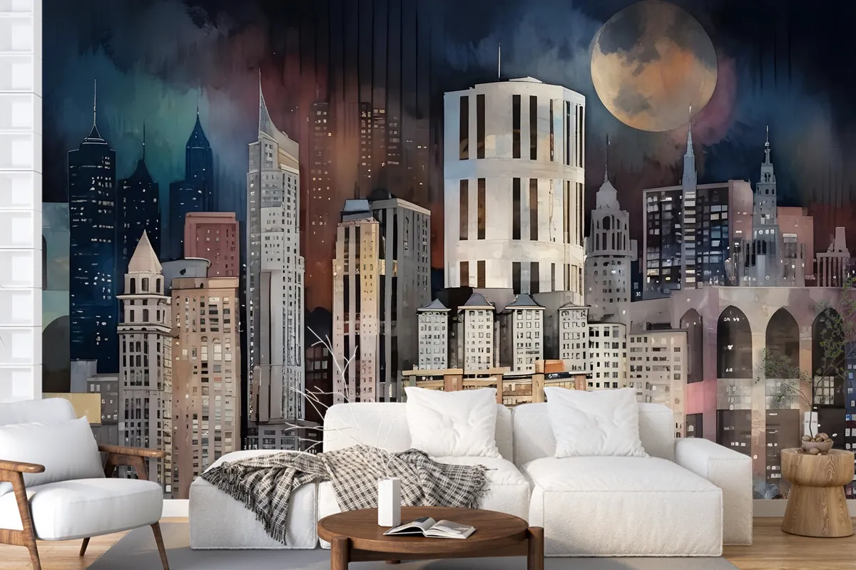 Dark Mosaic City Landscape Wallpaper Mural