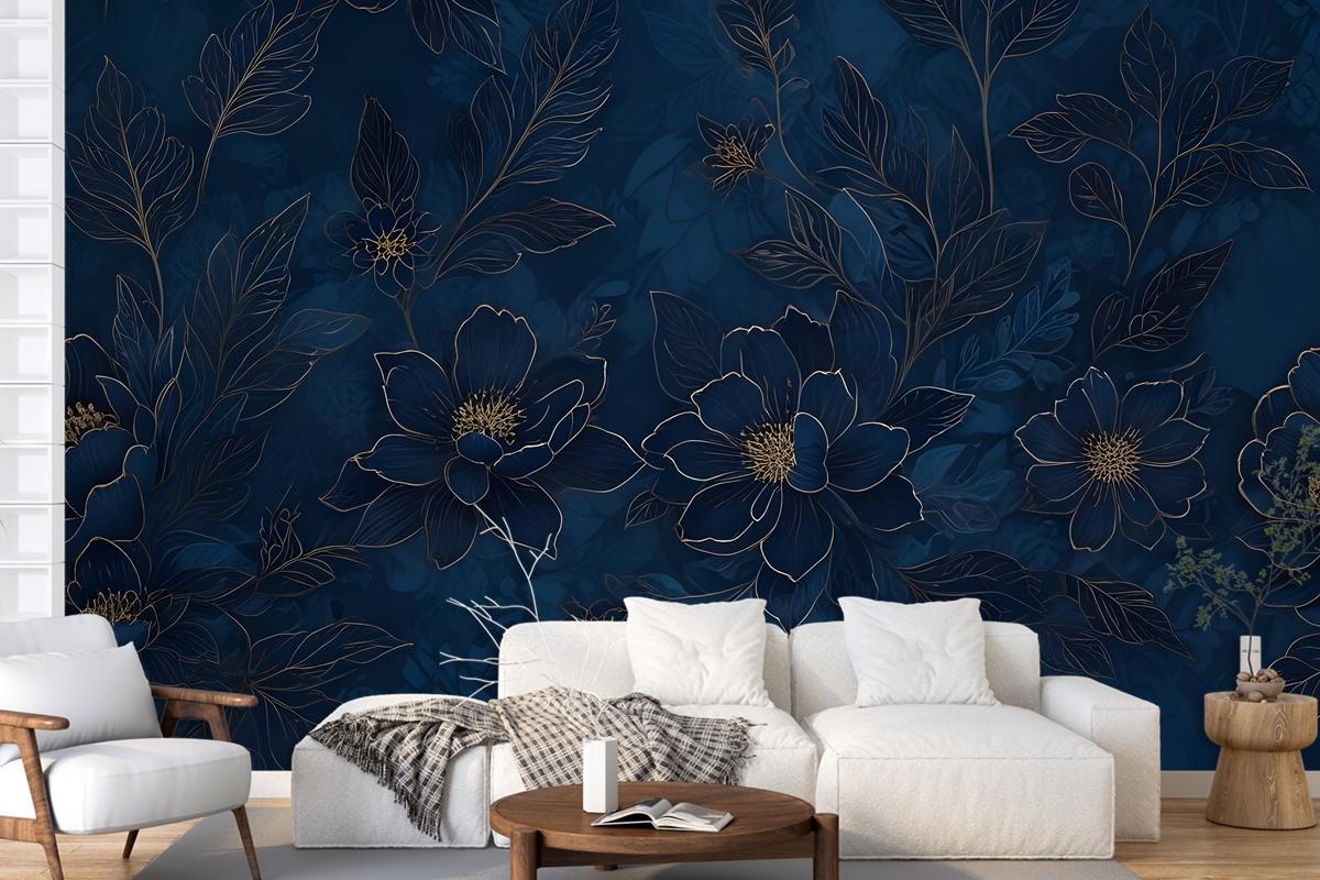 Dark Navy Peony Floral Drawing Art Wallpaper Mural