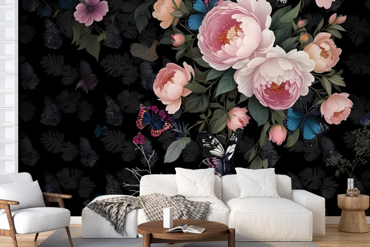 Dark Pink Flowers And Yellow Butterfly Wallpaper Mural