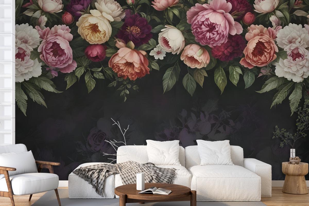 Dark Vine Floral And Peony Blossom Wallpaper Mural