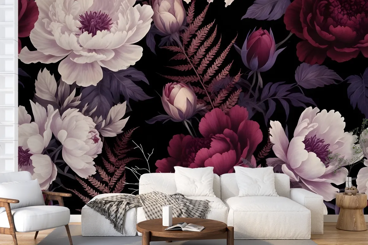 Dark Watercolor Colorful Peony Floral Wallpaper Mural