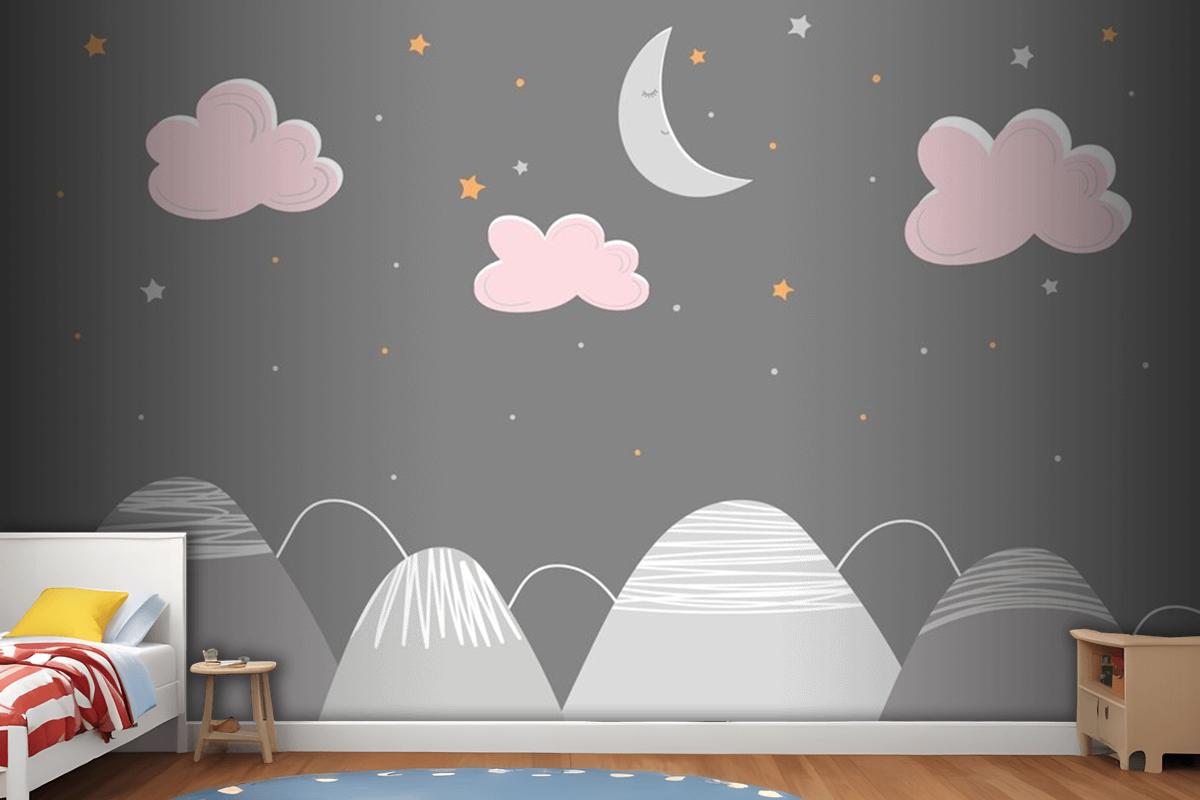 Decor In Scandinavian Style With Mountain Landscape Clouds And Sleeping Moon Wallpaper Mural