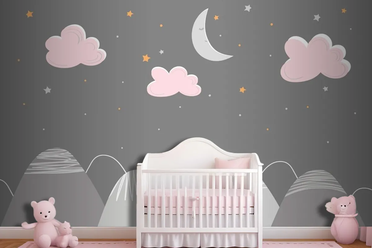 Decor In Scandinavian Style With Mountain Landscape Clouds And Sleeping Moon Wallpaper Mural