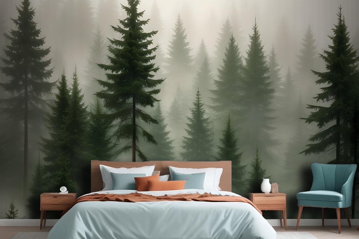 Dense Forest Of Tall Evergreen Trees In A Misty Foggy Environment Wallpaper Mural