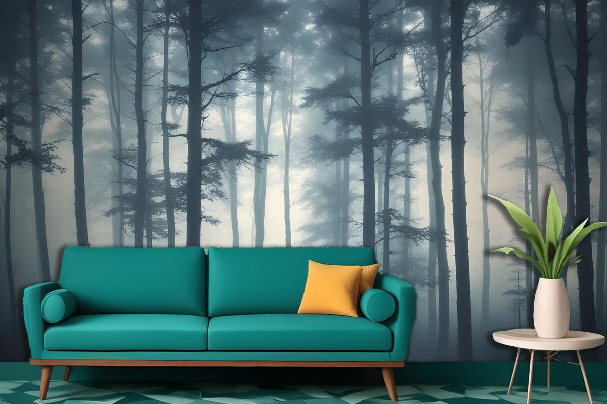 Dense Misty Forest With Tall Slender Trees And A Foggy Atmosphere Wallpaper Mural