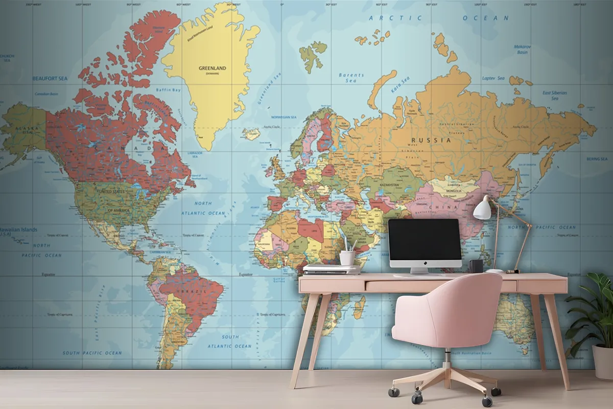 Detailed Political World Map In Mercator Projection Wallpaper Mural