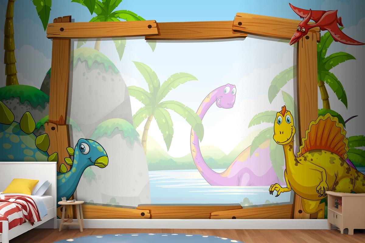 Dinosaurs By The Wooden Frame Wallpaper Mural