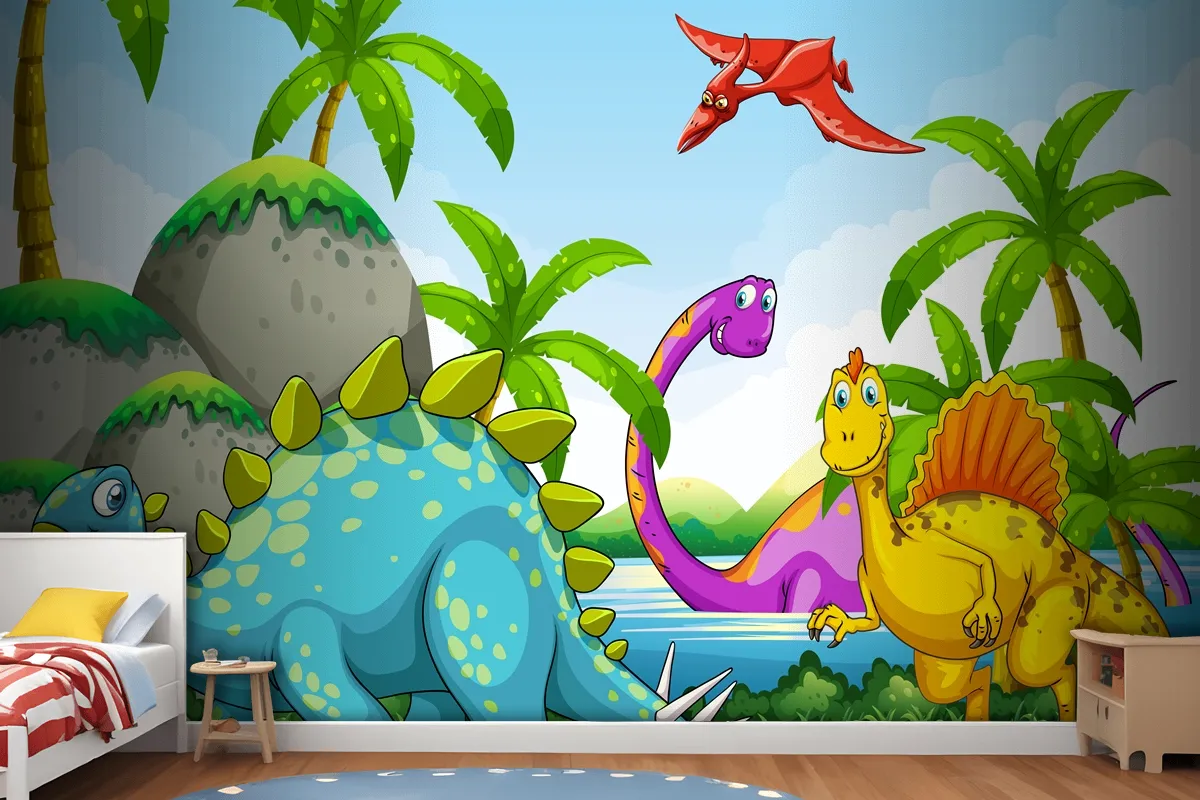 Dinosaurs Living In The Jungle Wallpaper Mural