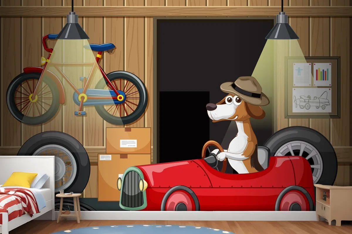 Dog Driving Car In Garage Wallpaper Mural