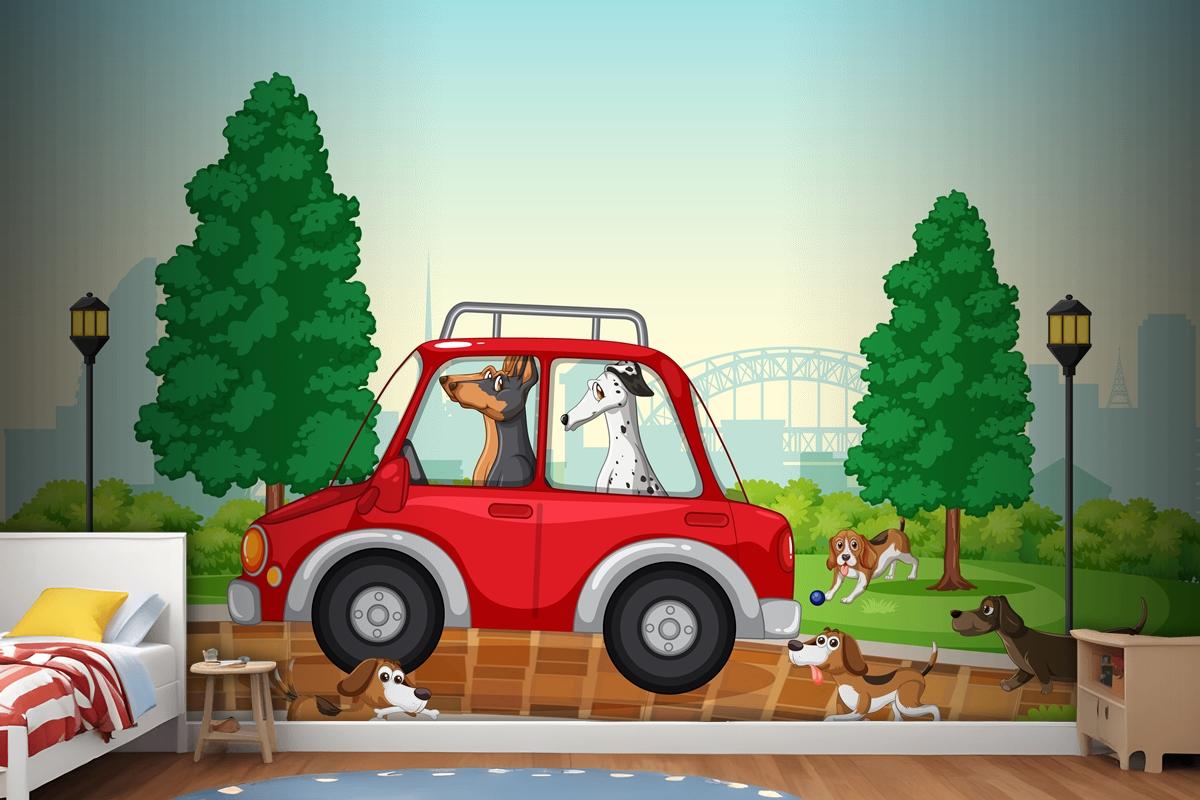 Dogs Driving And Running In The Park Wallpaper Mural