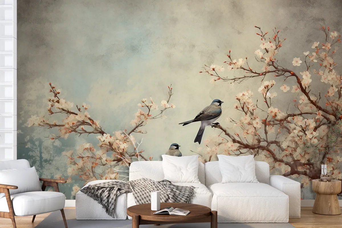 Flowers Branches Birds Golden Brushstrokes Wallpaper Mural