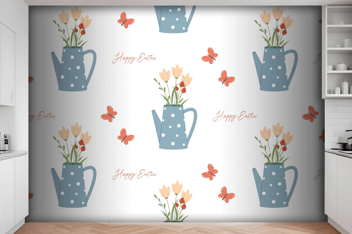 Easter Seamless Pattern Watering Can Butterfly And Lettering Wallpaper Mural