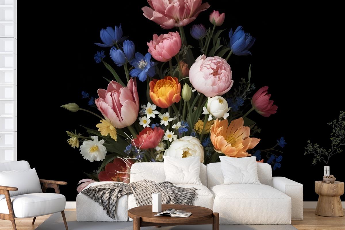 Elegant Dutch Dark Floral Bouquet Wallpaper Mural