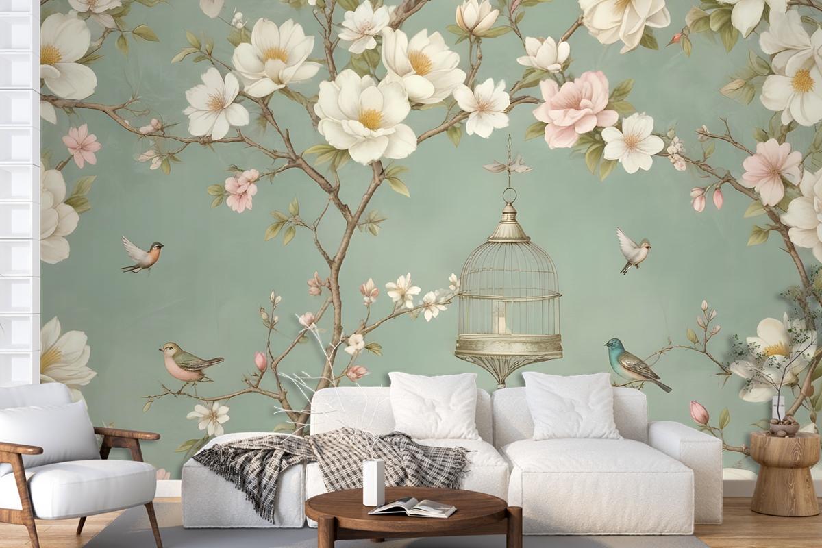 English Country Style With Branches And Flowers And Birds Wallpaper Mural