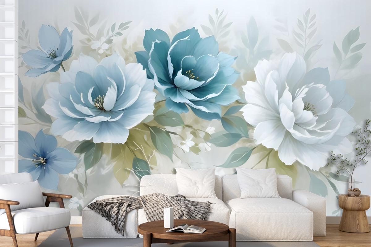 European Style 3D Look Blue Green Floral Wallpaper Mural