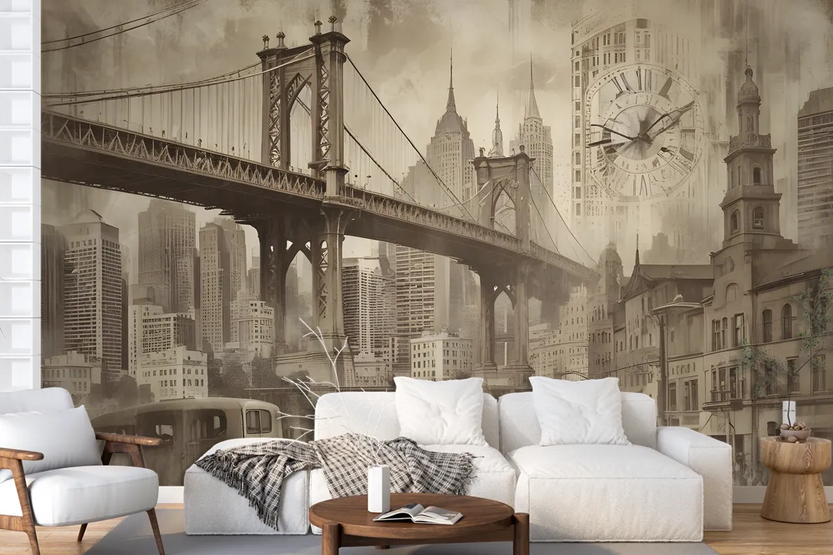 European Vintage City With Brooklyn Bridge Wallpaper Mural