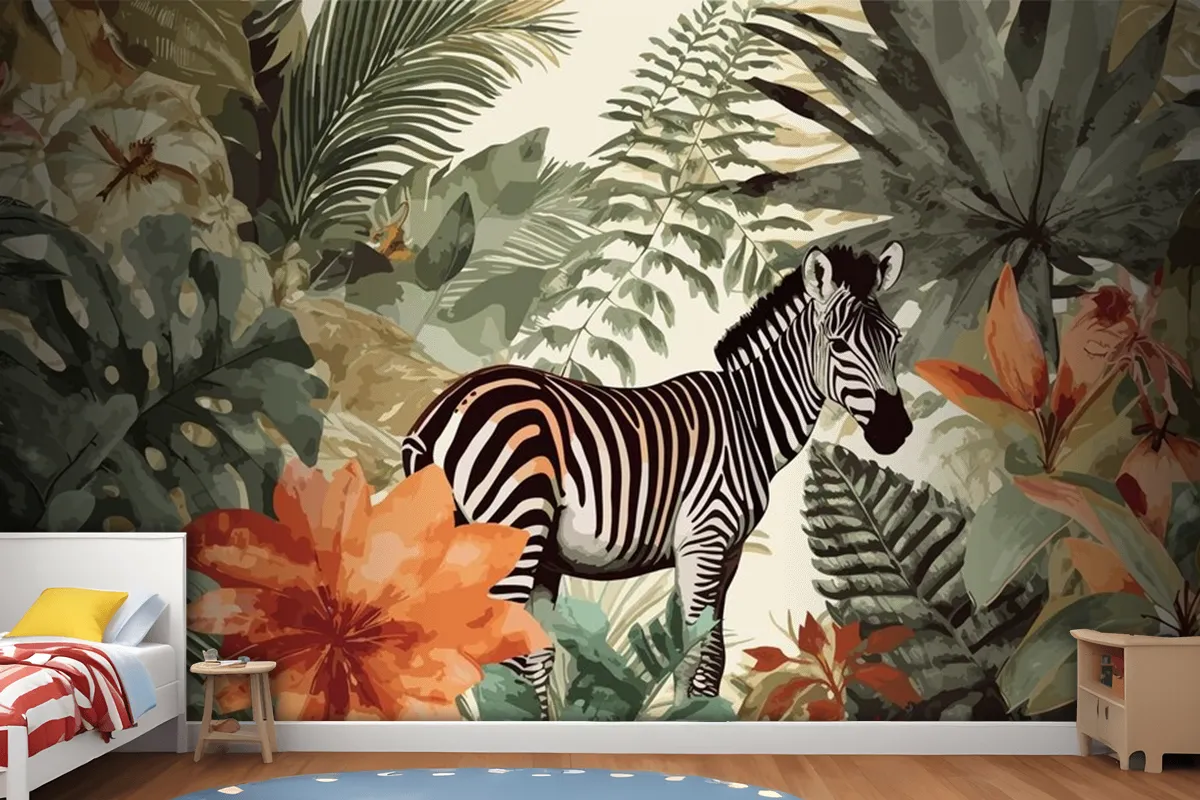 Exotic Zebra Tales Artistic Vintage Jungle Collage Pattern Seamless Wallpaper Mural